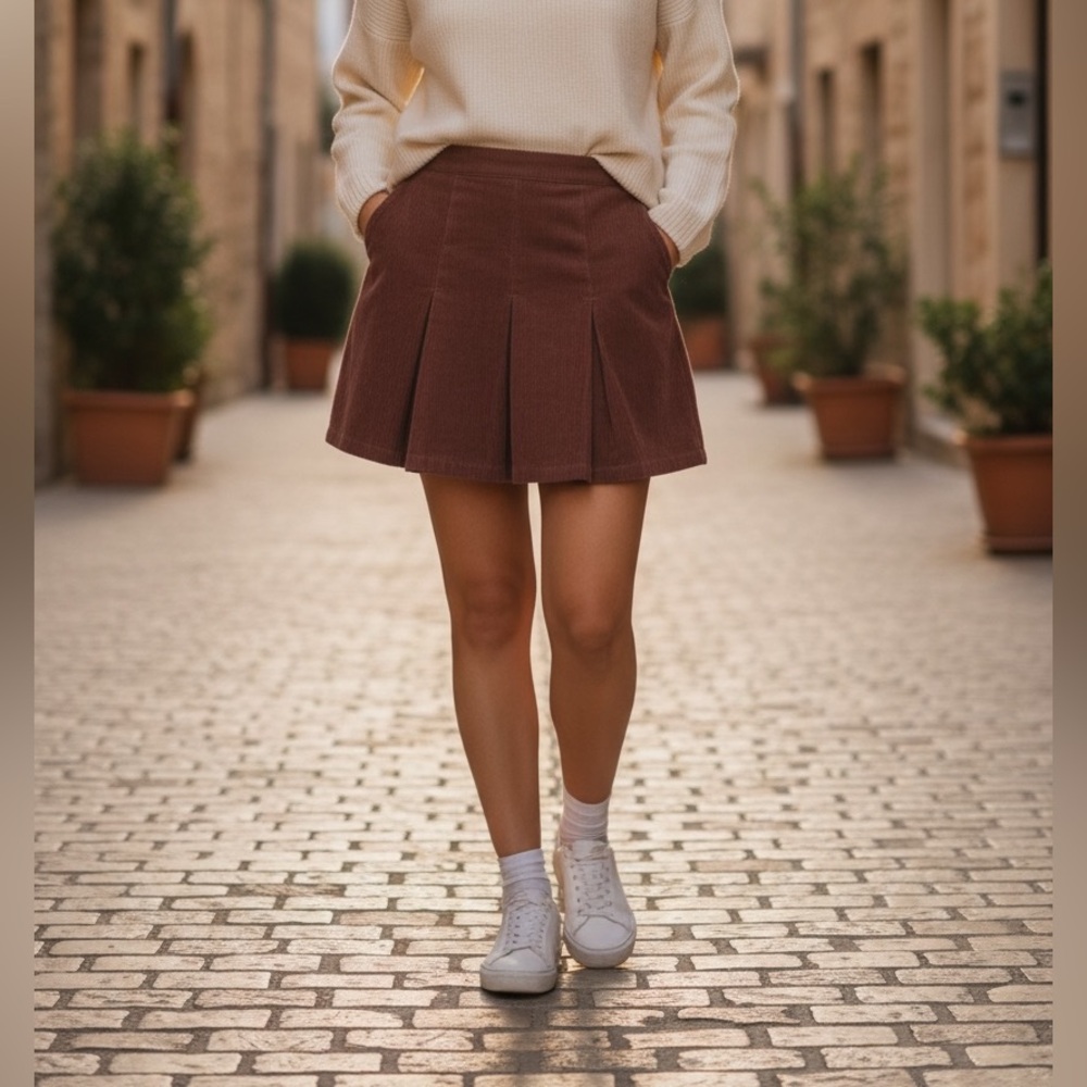 Love Riche Dusty Dark Mauve Pleated Corduroy Mini Skirt